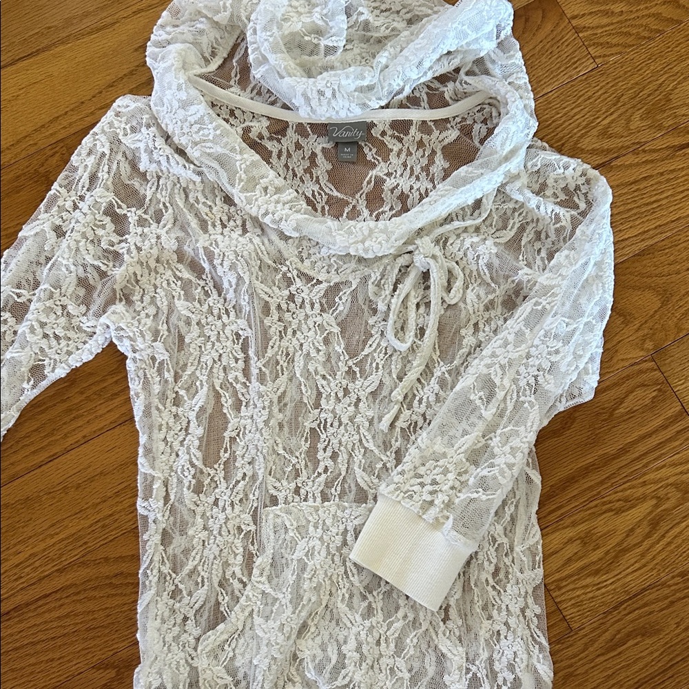 Vanity Sheer Creamy White Lace Hoodie 3/4 Sleeve Top